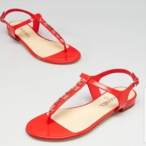 Chanel Red Logo T Strap Sandal
